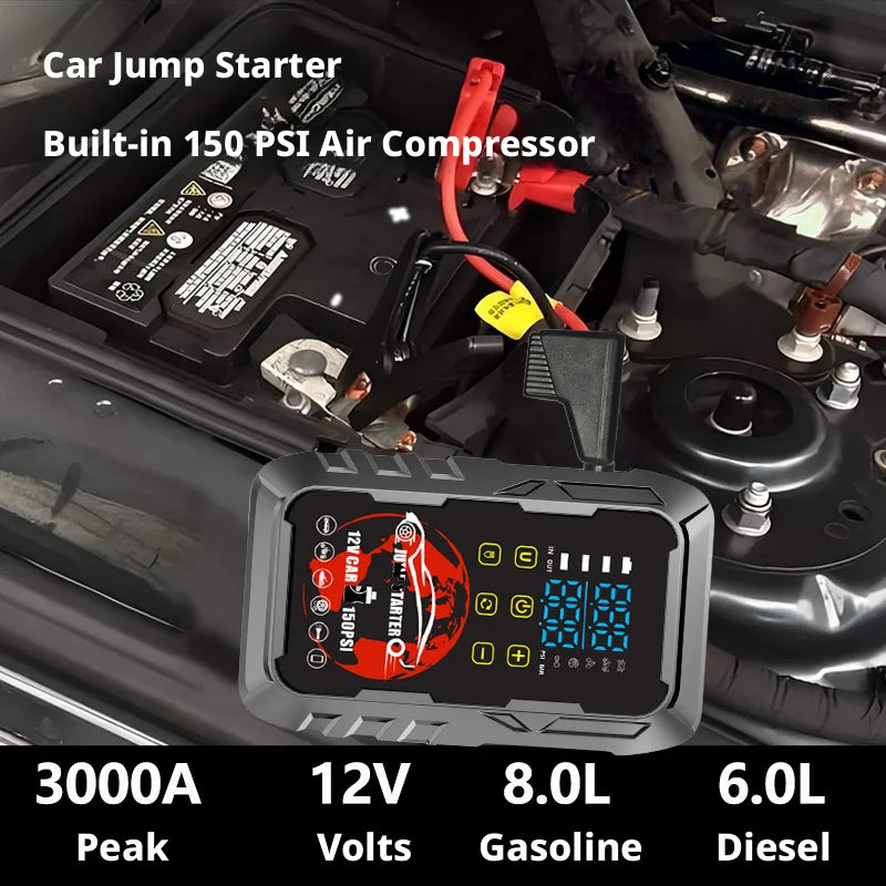 All-in-One Car Jump Starter with Digital Tire Inflator, Built-in Air Pump and Battery Booster, 12V Portable Power Bank for Gas.