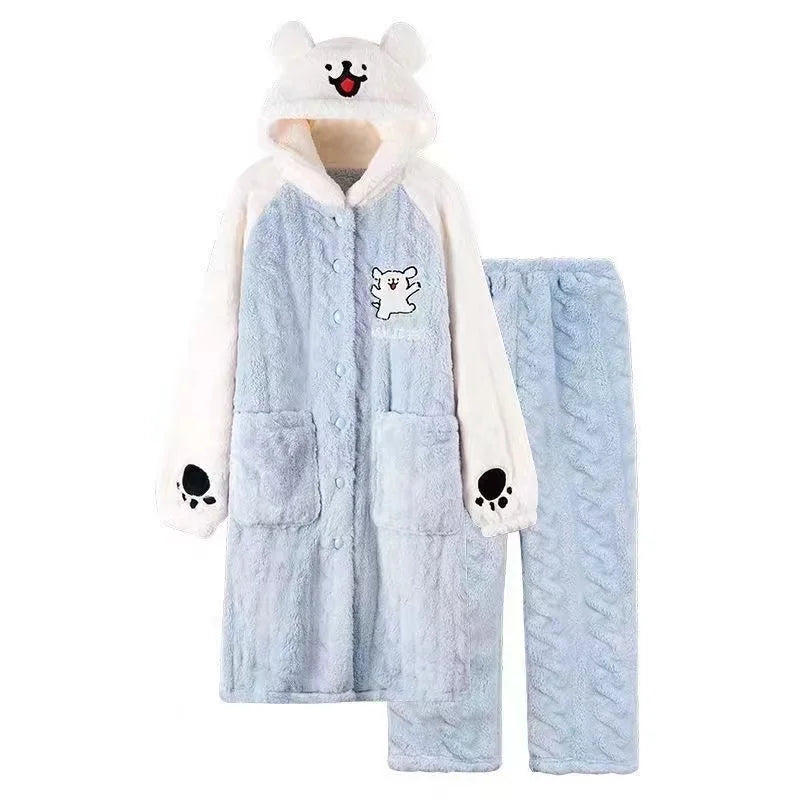 Thickened Coral Fleece Sleep Robe for Women Winter Home Clothes Couples Pajamas Cute Warm Long Cartoon Patterned Robe