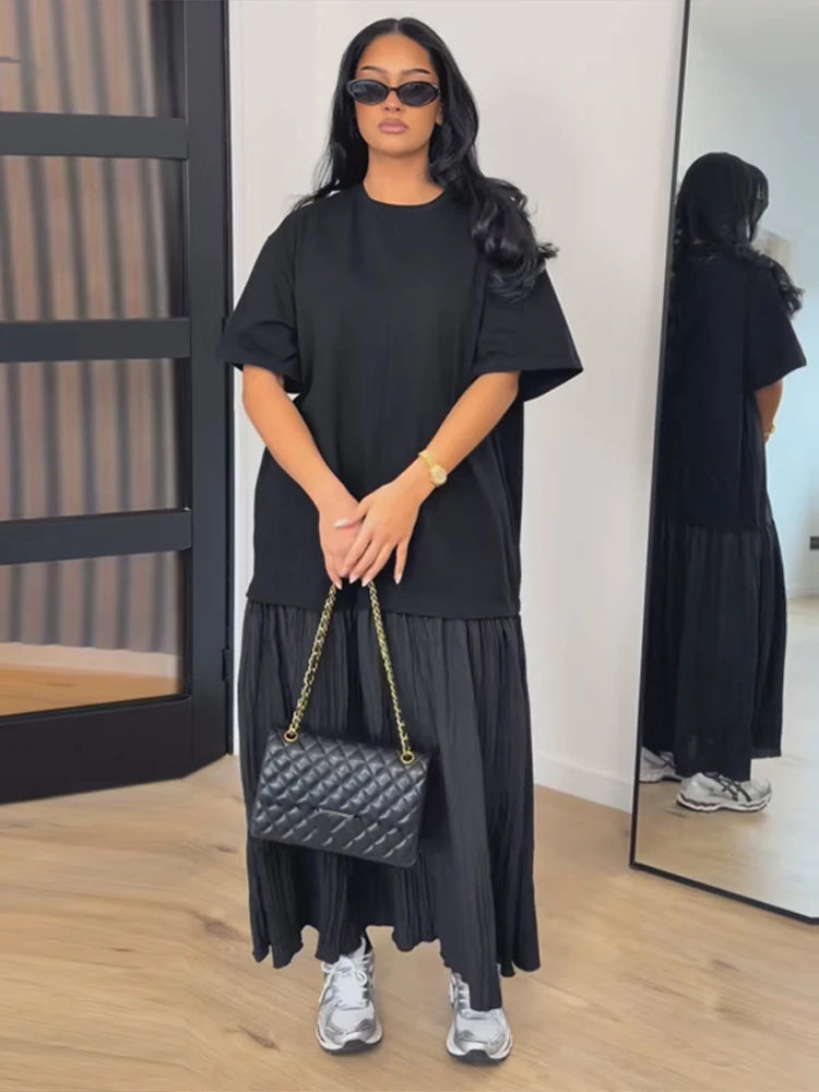 Fashion Women Patchwork Dress Chic Short Sleeve Round Neck Solid Ruffles Female Dress Casual Lady Streetwear Commute Summer 2026