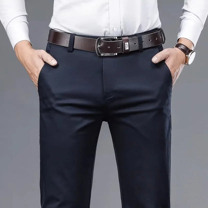 Spring Summer Casual Pants Khaki Black Straight Regular Fit High Waist Mens Pants Stretch Trousers for Male Size 40 42