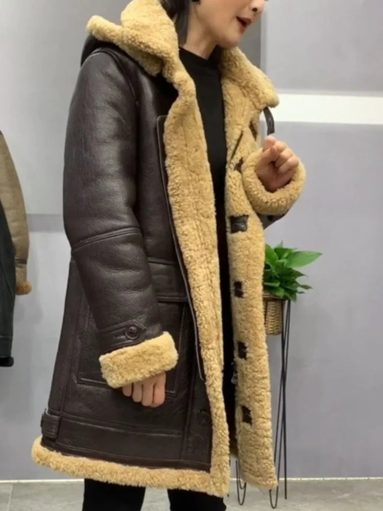 Men and Women's Winter Warm Coat Long Jacket Genuine Sheepskin Lambskin Shearling Wool Liner Hooded Brown XXXXXXXXL 5XL 6XL 7XL