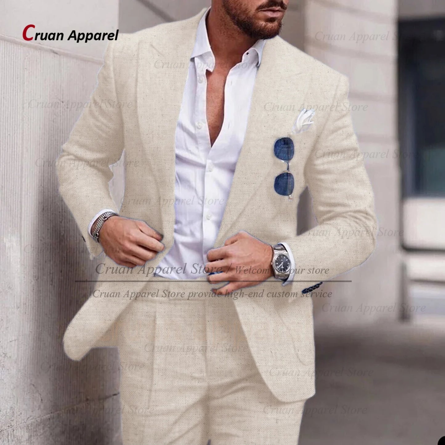 Fashion Sky Blue Linen Suit Set For Male Casual Party Fashion Blazer Pants 2Pieces Wedding Groomsman Formal Peaked Lapel Outfits