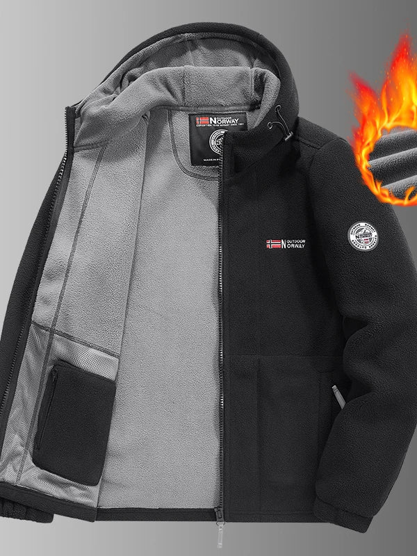 Men's Thickened Fleece Jacket Autumn Winter Double-sided Lamb Fur Hooded Coat Outdoor Windproof Zipper Short Style Polyester