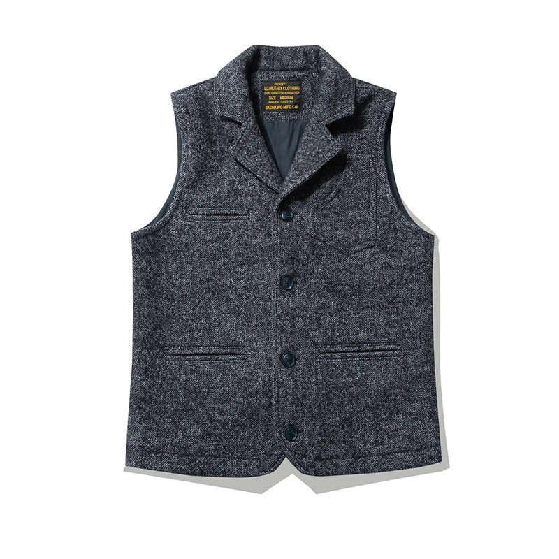 Amekaji Vintage Wool Waistcoat Men Winter New British Lapel Thick Double Layer Multi-pocket Suit Collar Vest Retro Cardigan Vest