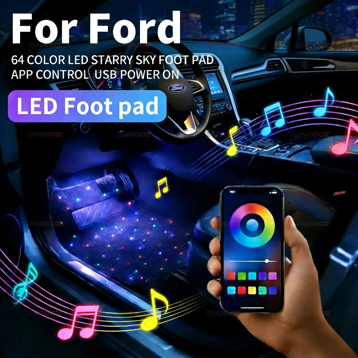 For Ford Super_Duty Expedition F-Series E-Transit Explorer Mustang Transit Ranger USB Car LED Starry Sky Foot Mat DIY Can Be Cut
