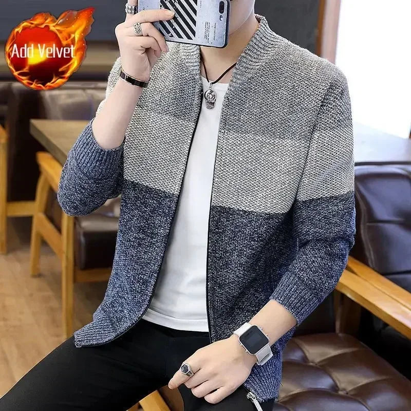 Knit Sweater Male Zipper Plaid Men's Clothing Cardigan Hoodies Zip-up Thick Winter Red Tops Jumpers Casual Stylish Hot Cheap A