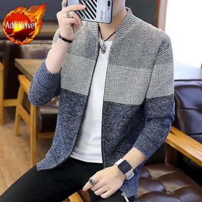 Knit Sweater Male Zipper Plaid Men's Clothing Cardigan Hoodies Zip-up Thick Winter Red Tops Jumpers Casual Stylish Hot Cheap A
