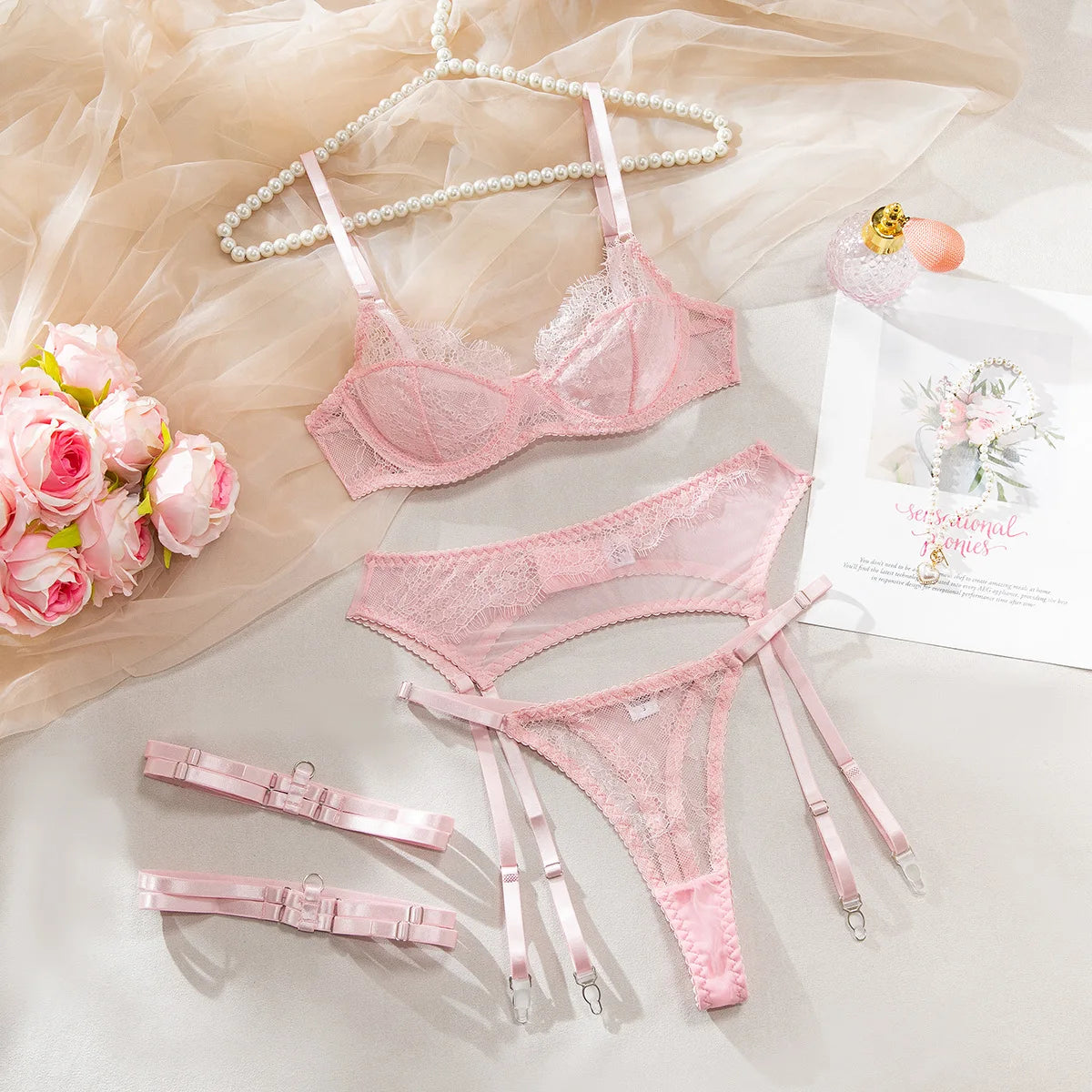 Ellolace Fancy Lingeries Sexy Hot Elegant Bra 3PC Set with Leg Circles Sissy Solid Color Intimate Eyelash Lace Patchwork Costume