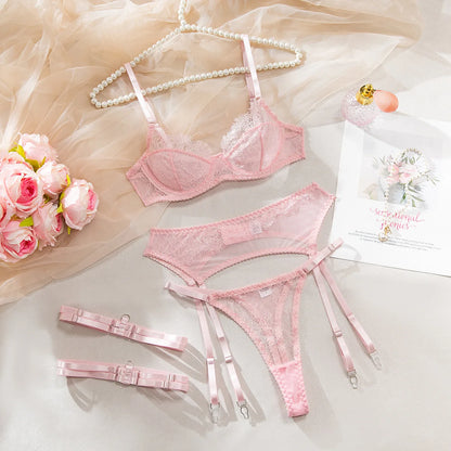 Ellolace Fancy Lingeries Sexy Hot Elegant Bra 3PC Set with Leg Circles Sissy Solid Color Intimate Eyelash Lace Patchwork Costume