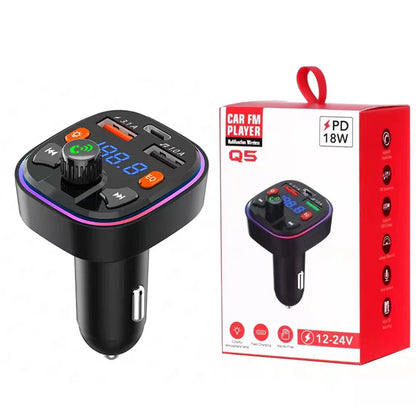 Car Bluetooth 5.0 FM Transmitter PD 18W Type-C Dual USB 4.2A Fast Charger LED Backlit Atmosphere Light MP3 Player Lossless Music