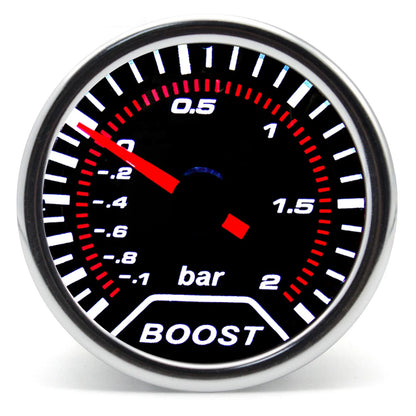 52mm Racing Gauge 12V LED Smoke Len -1~0~2 BAR Turbo Boost Water Temperature Oil Pressure Voltmeter Air Fuel Ratio Meter For 12V