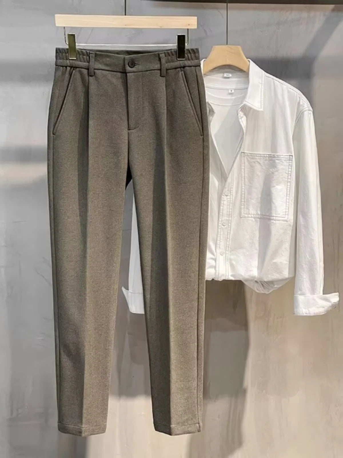 Men's Woolen Straight Leg Thickened Casual Trousers Fashionable Autumn Winter Style mid Waist Pure Color Anti-Wrinkle