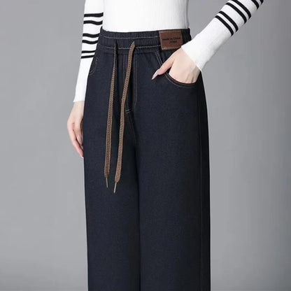 High Waist Fleece Lined Casual Straight Leg Jeans Slimming Effect Synthetic Denim Elastic Wide Leg Pants for Women