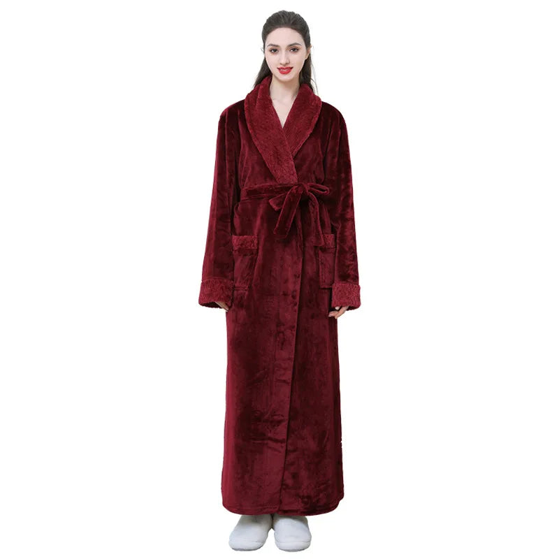 Thickened Long Ladies' Bathrobe Sleepwear Winter Warm Plush Robe Couple's Home Clothes Soft Flannel Material Comfortable Fit