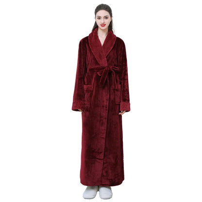 Thickened Long Ladies' Bathrobe Sleepwear Winter Warm Plush Robe Couple's Home Clothes Soft Flannel Material Comfortable Fit
