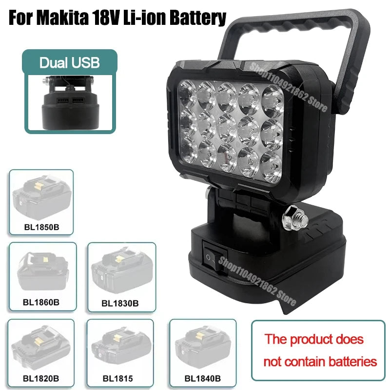 Power Tool Parts for Makita for Milwaukee for Dewalt 18V Lithium Battery LED Work Lights Lamp Hand Lantern Spotlight USB Charger