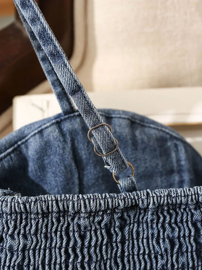 Irregular Halter Neck Denim Crop Top Women Summer Outdoor Wear with Chest Pad Slimming Sexy Girl Shirt Short Length Zipper