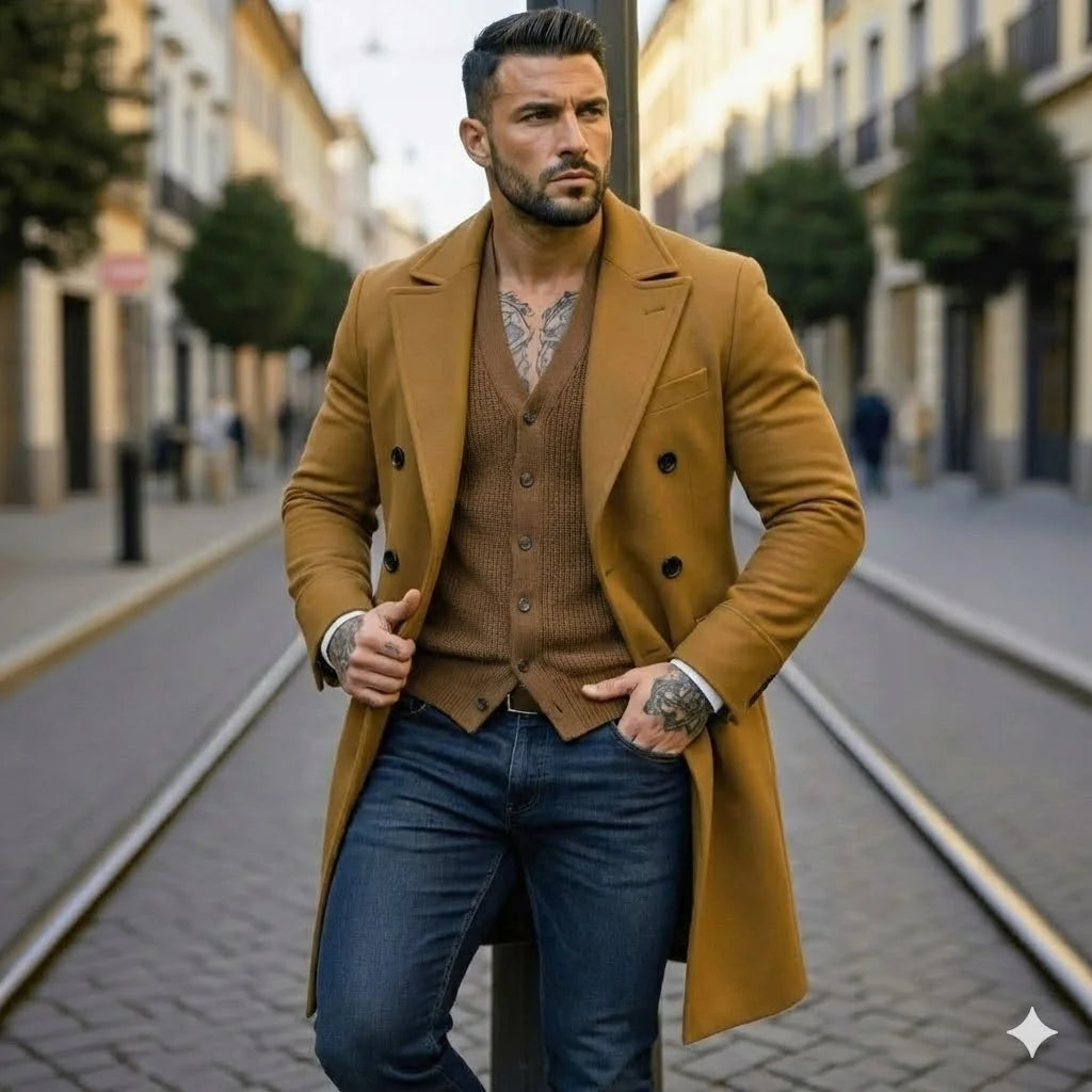 Men's Double-Breasted Trench Style Coat Thickened Warm Lined Jacket Windproof Fashionable Outdoor Wear