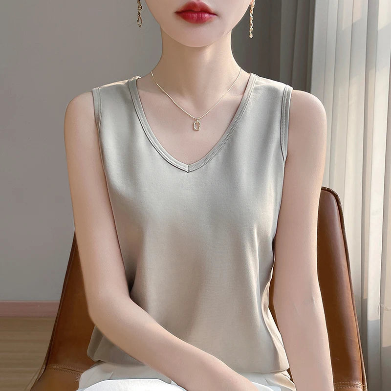 Summer New Cotton V-neck Camisole Women's Wide Shoulder Strap Bottoming Shirt Sleeveless Mercerized Cotton T-shirt