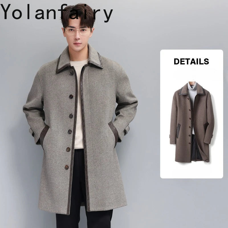 YOLANFAIRY Korean High-end Cashmere Coats for Men Autumn Winter Mid-length 95% Wool Trench Coat Spliced Sheepskin Leather Jacket