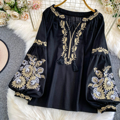 Bohemian Vacation Style Women's Shirt round Neck Lantern Sleeve Embroidery Heavy Work Autumn Design Sense Knot Design Top