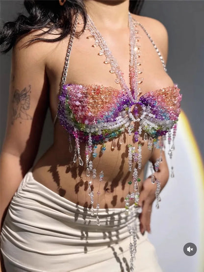 Women's Beading Vest Hollow Out Tops Body Beachwear Lingerie Harness Beaded  Bralette Neck Bra Bustier Bra Women Club Rave