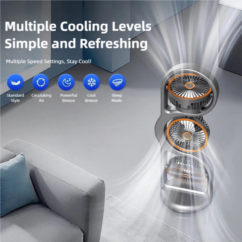 TINSOL 2026 New Portable USB Rechargeable Three-Head Fan – 360° Circulation, 5-Speed Wind, Dormitory and Outdoor Desktop Fan