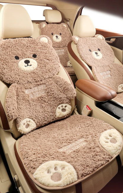 Cartoon 3D Bear Universal Car Seat Cushion Covers Plush Backrest for Autumn Winter Warm Cute Designed Seat Accessories