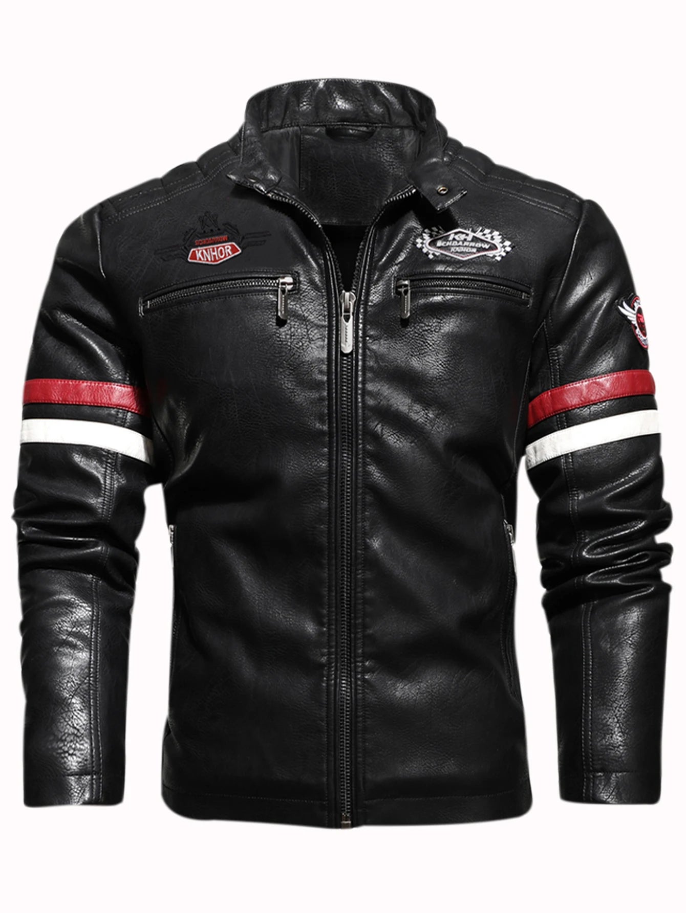 Men's PU Leather Motorcycle Racing Jacket Thin Embroidered Biker Color Zipper Closure Casual Outerwear