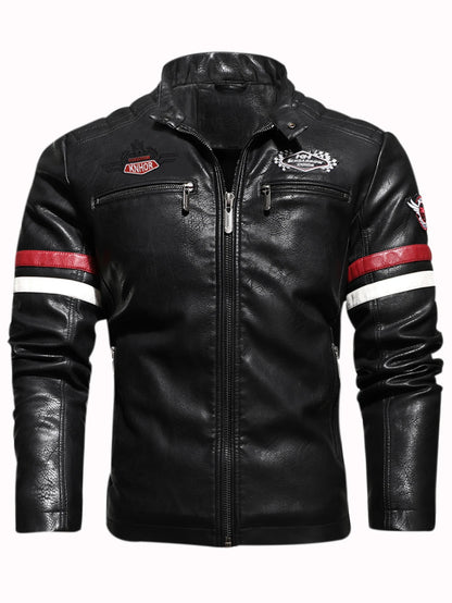 Men's PU Leather Motorcycle Racing Jacket Thin Embroidered Biker Color Zipper Closure Casual Outerwear
