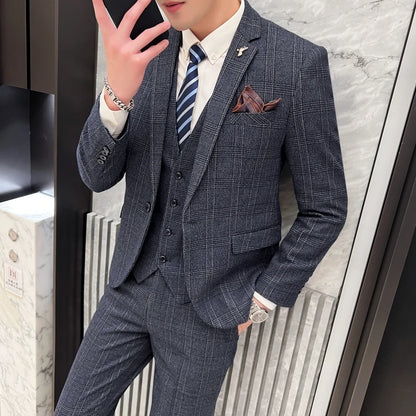 2023 Men's British Fashion Three-piece Set Slim Fit Suit Vest Trousers Ensemble Handsome Trendy All-in-one Banquet Blaze