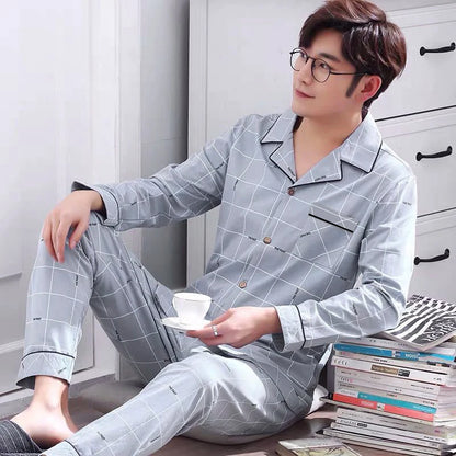 Plaid Print Men's Home Set Long-Sleeve Lapel Top With Pockets And Long Pant Breathable Soft Fit Autumn Sleepwear Loungewear Pjs