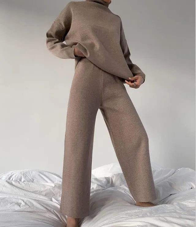 Loose Casual Two-Piece Set Pure Color Knitted 2023 Fashion Women's Ensemble Chic Workwear Winter Office Suit