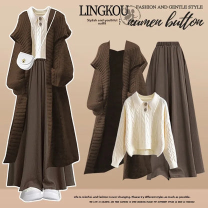 plus Size Autumn Winter Set Women's High-End Knitted Sweater Cardigan Casual Pants Three-Piece Set Comfortable Loose Fit Fashion