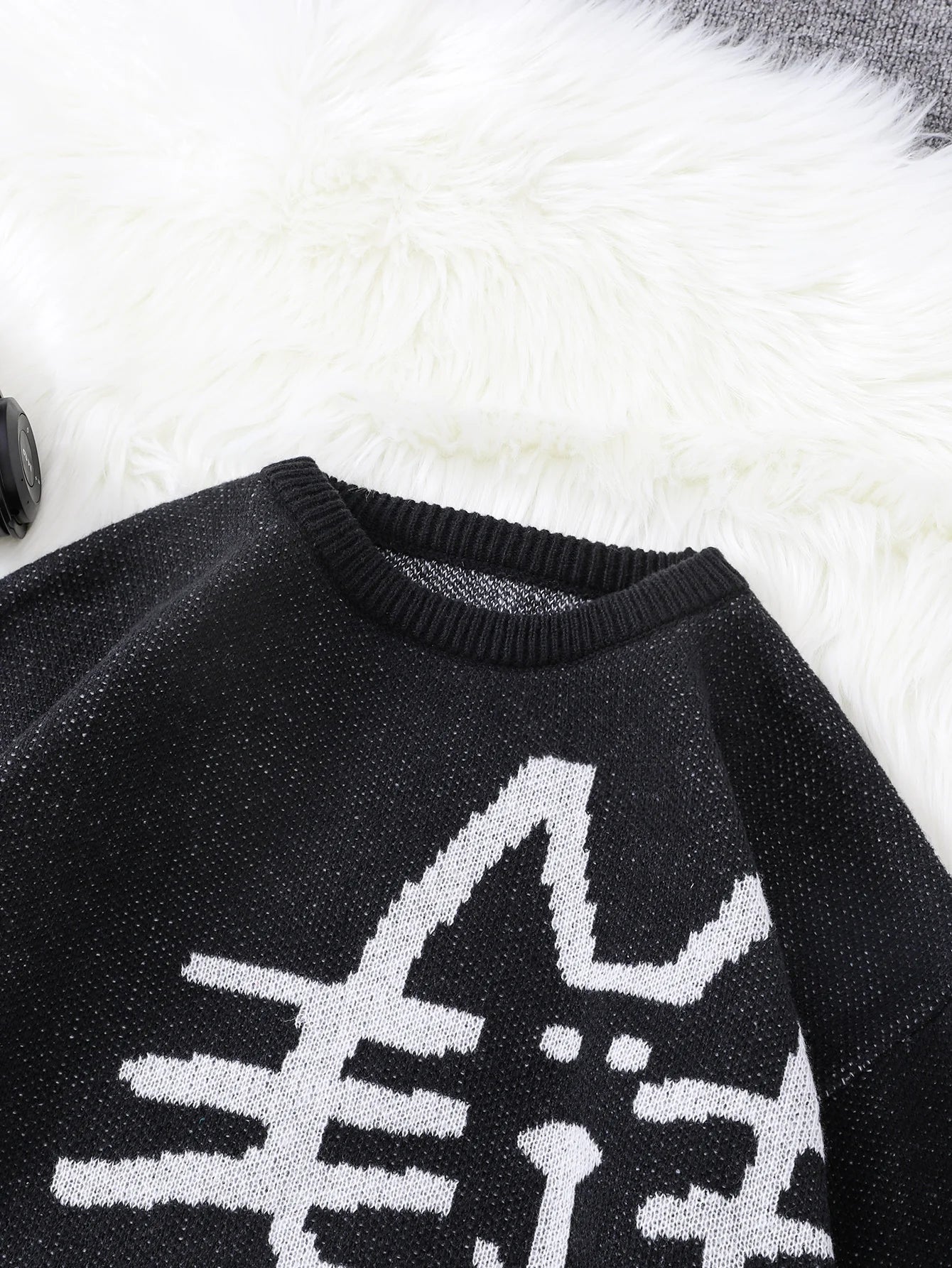 Autumn and Winter Abstract Kitten Jacquard Pattern Pullover Sweater Casual Round Neck Knitted Men's Pullover