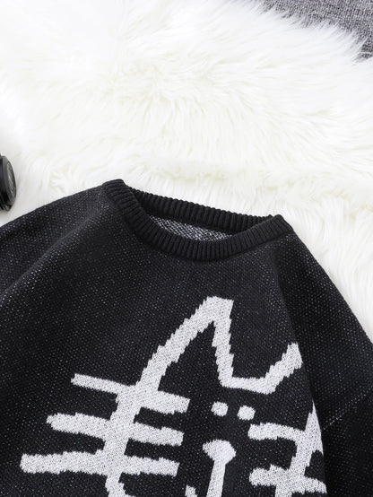 Autumn and Winter Abstract Kitten Jacquard Pattern Pullover Sweater Casual Round Neck Knitted Men's Pullover