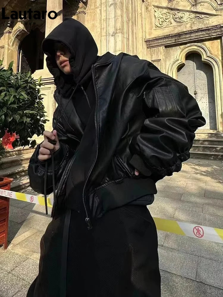 Lautaro Autumn Winter Oversized Thickened Warm Red Black Pu Leather Jacket Men Luxury Designer Unisex Clothes Cool Grey Hoodie