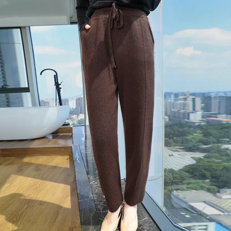 100% mink wool knitted high-waisted pencil pants women's casual autumn and winter new warm solid color thick cashmere pants