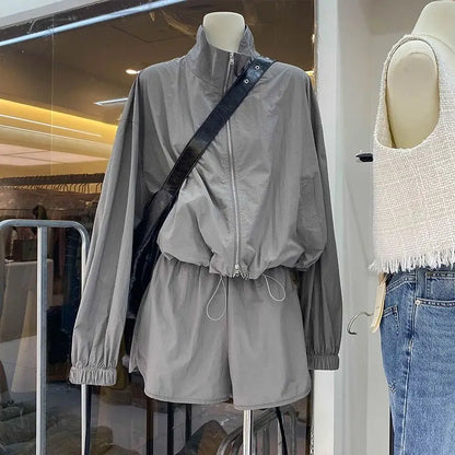 Summer Lightweight Casual Sportswear Set for Women with Stand Collar Drawstring Jacket And Wide Leg Shorts Two Piece Suit