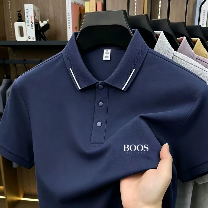Summer luxury brand men's embroidered polo shirt with ice silk, cool, lightweight, soft, breathable business casual wear