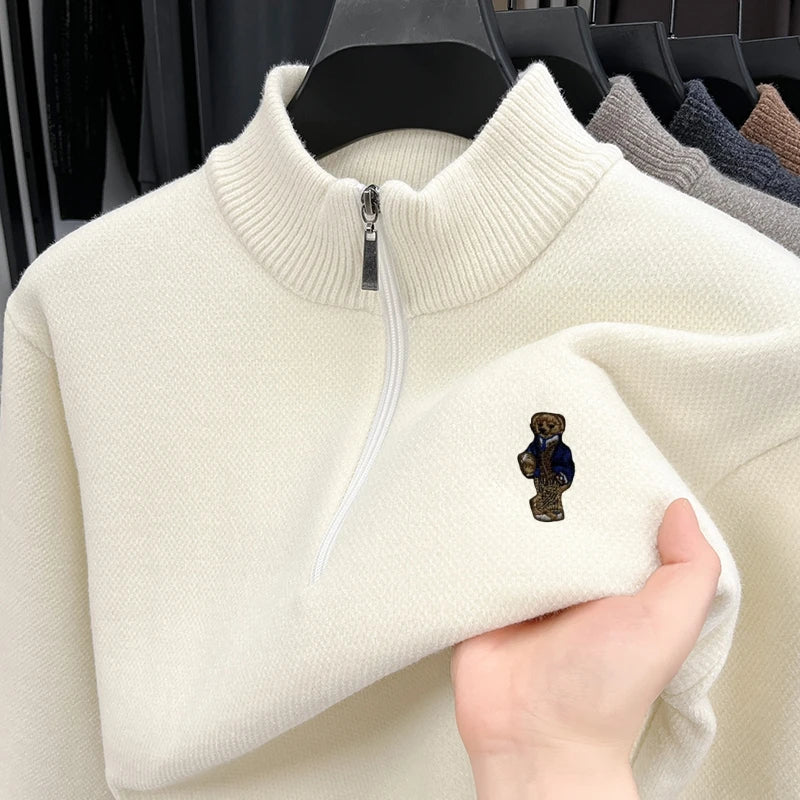 Hot Sale Quality Thicken Men's Sweater Zipper Bear Embroidery Warm Knitted Sweater Japan Winter Hoodies Fashion Soft Men's Wear