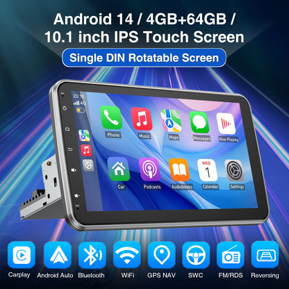 10.1'' 4+64GB 360° Rotatable Single 1DIN Car Stereo Android 14 Carplay WIFI Head Unit FM Radio Bluetooth SWC GPS Navi+DVR&Camera