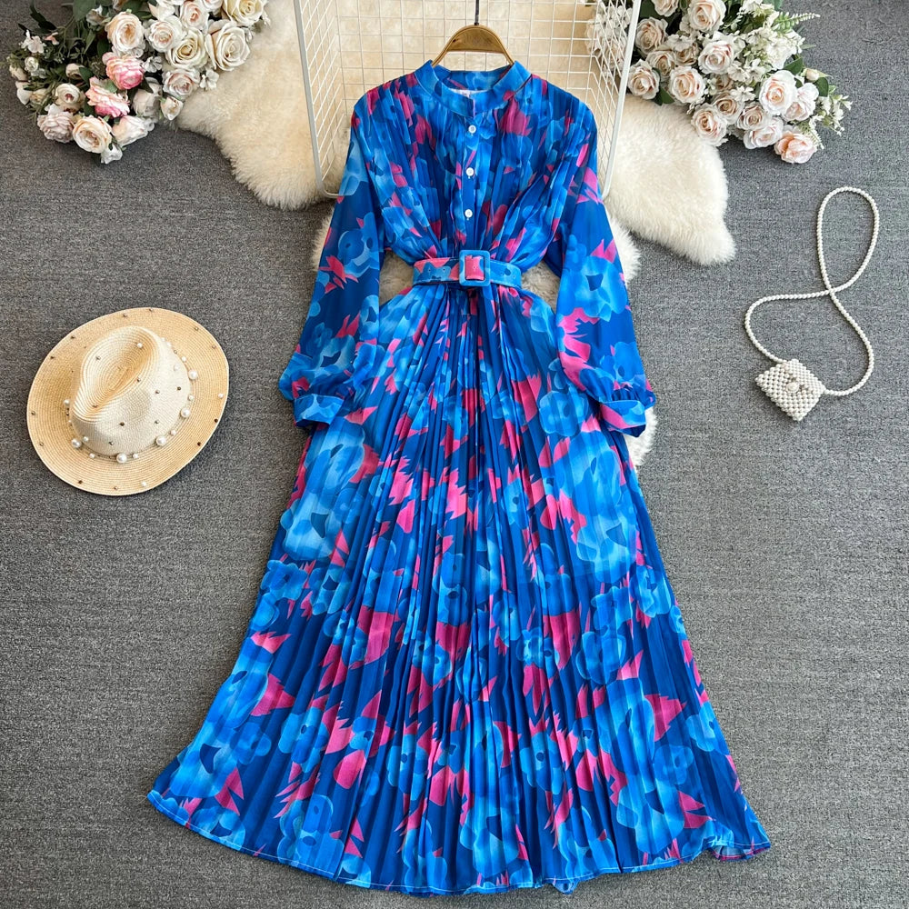 Ele Vintage Long Sve A-Line Printed Gown with Pleated Skirt And Slimming Waist Design for Young Women Korean Sle Com...