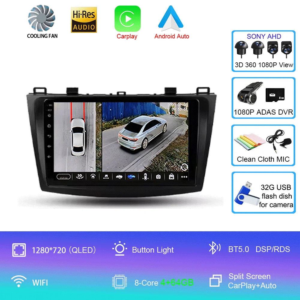 For Mazda 3 II For Mazda3 BL 2009 - 2013 Android16 Carplay Auto 4G+WIFI GPS Car Radio Navigation Multimedia Video Player Stereo
