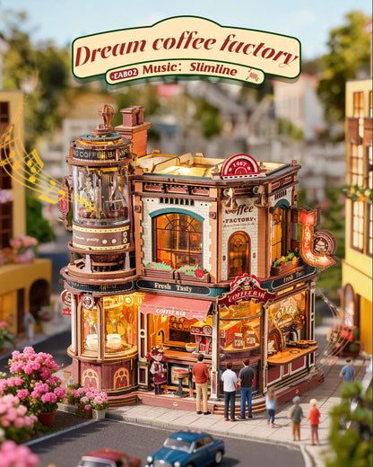 ROKR Wooden 3D Puzzle Dream Coffee Factory Music Box Model Building Kit 593-piece DIY Miniature House Kit with LED Light Unique Home Decor Gift for Adults Women