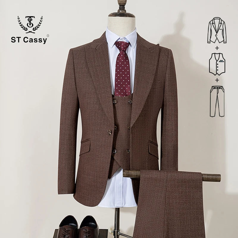 ST Cassy High Quality Men's Suit brown 3 pcs set Slim Fit Male Groom Wedding Blazers Party Dress  Suit Business Office