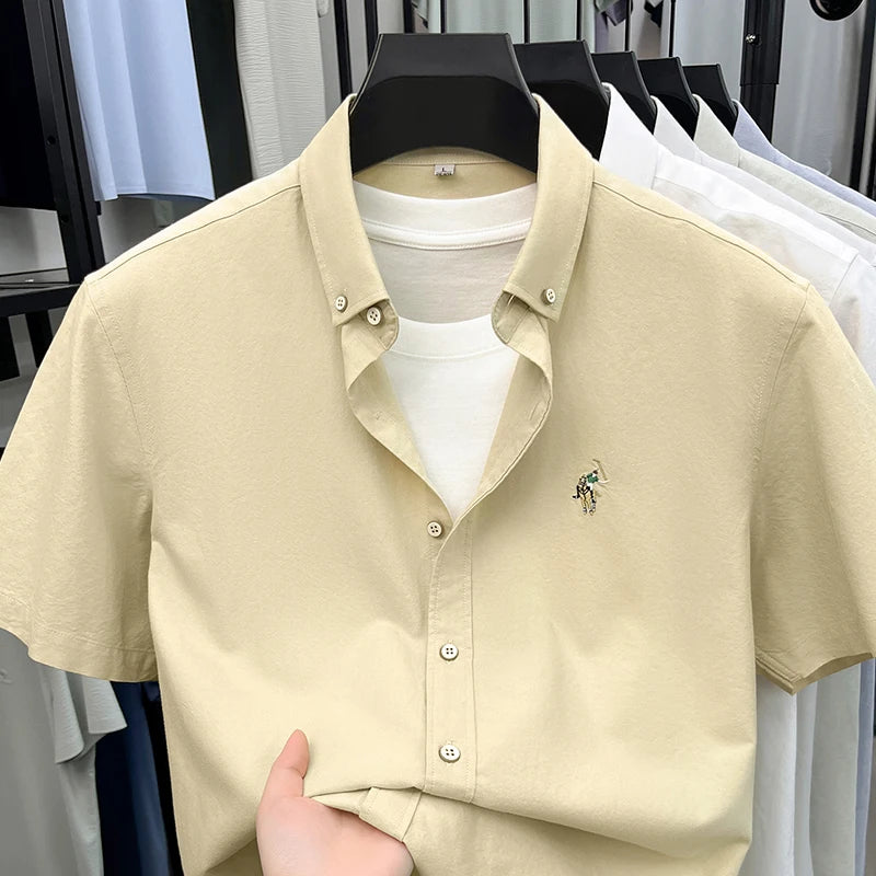 High-end Embroidered Summer 100% Cotton Short-sleeve Shirt for Men, Embroidered Youth Shirt, Business Casual Half-sleeve