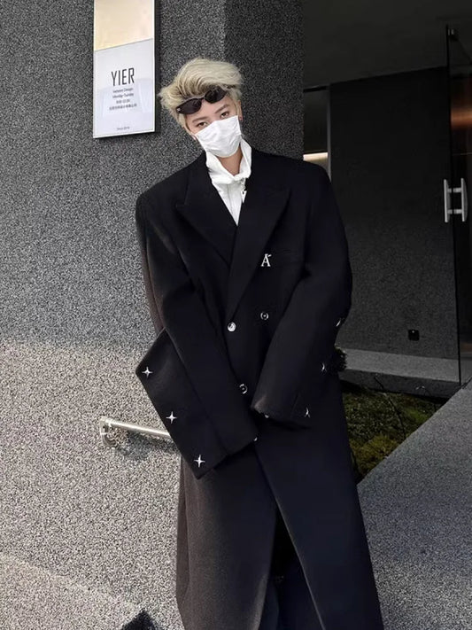Autumn Winter Men's Shoulder Length Woolen Coat over Knee Double Breasted Windbreaker Outerwear Fashionable Korean Style