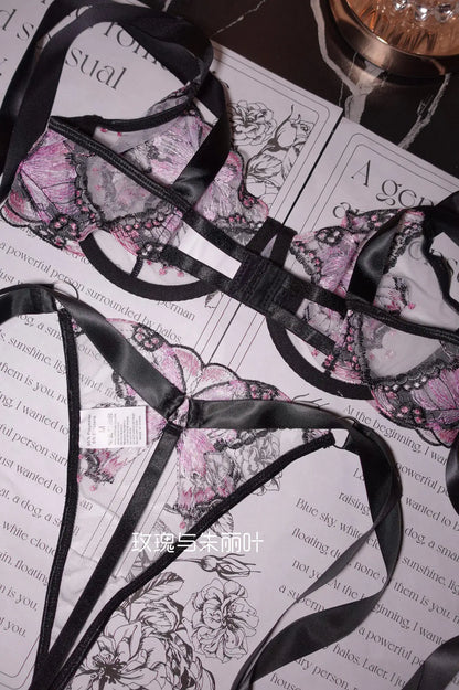 Ultra-Thin Sexy Lace Sheer Lingerie Set For Women French Butterfly Embroidery Push Up Bra Soft Underwire Support Date Night Wear