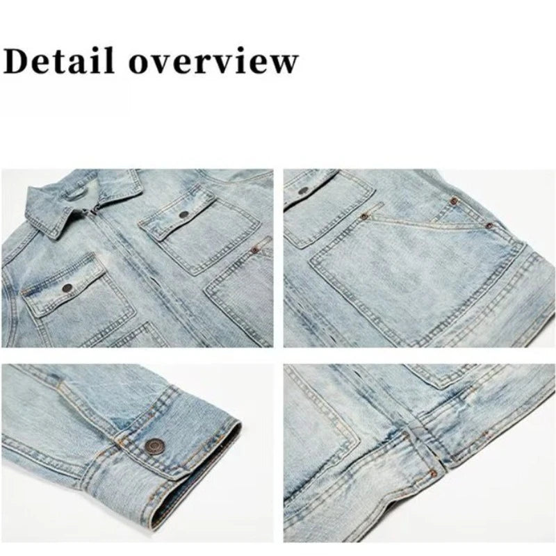 American Retro Trendy Washed Slub Multi - Pocket Denim Jacket Spring and Autumn Men's Windproof Motorcycle Jacket